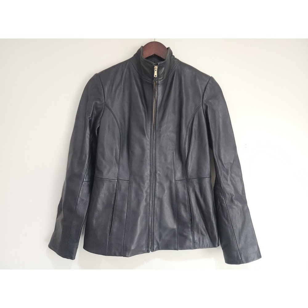 Cole Haan Women's Small Lambskin Leather Motorcycle Jacket Black Lined Full Zip